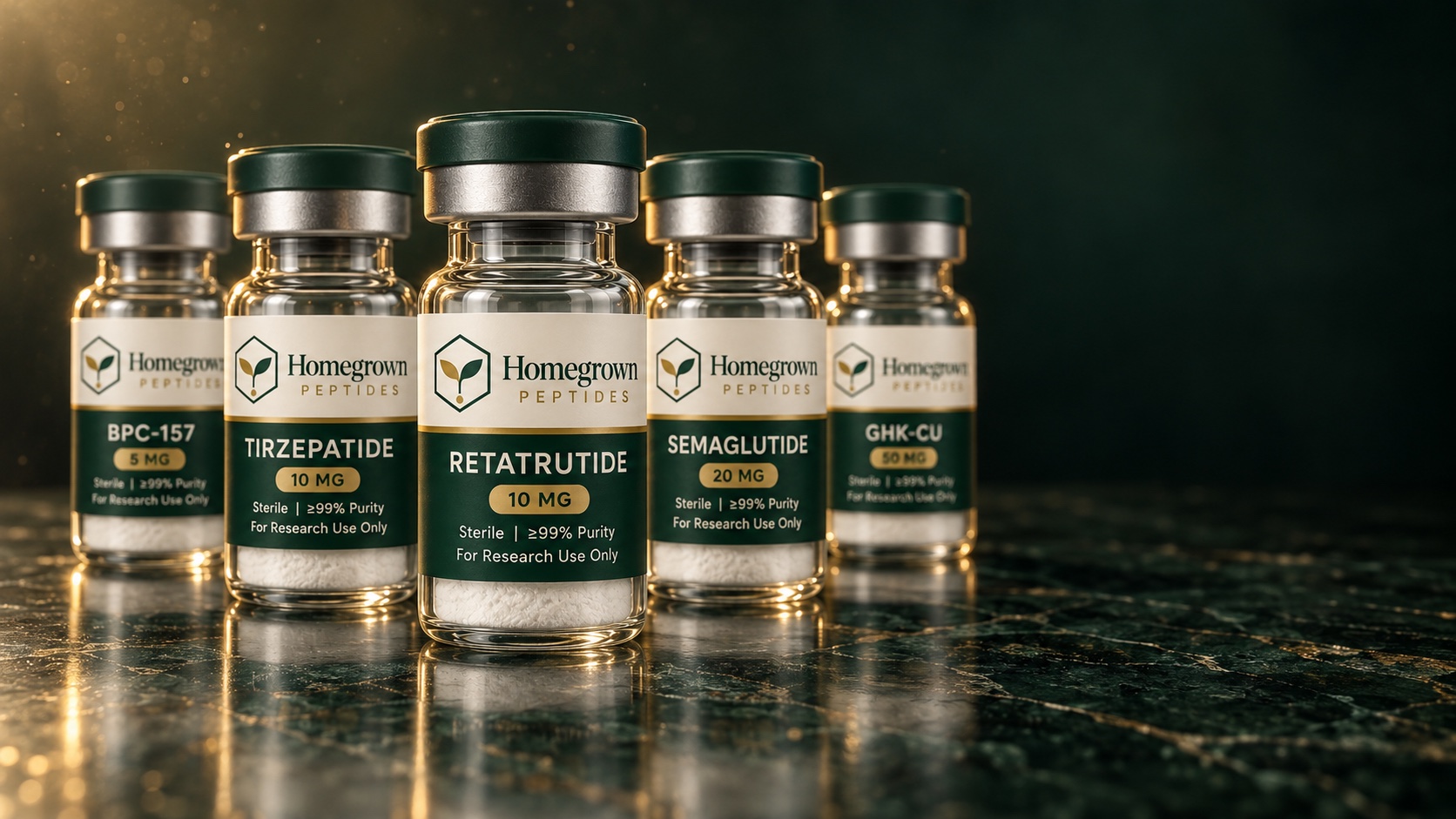 Homegrown Peptides vials on a lab bench